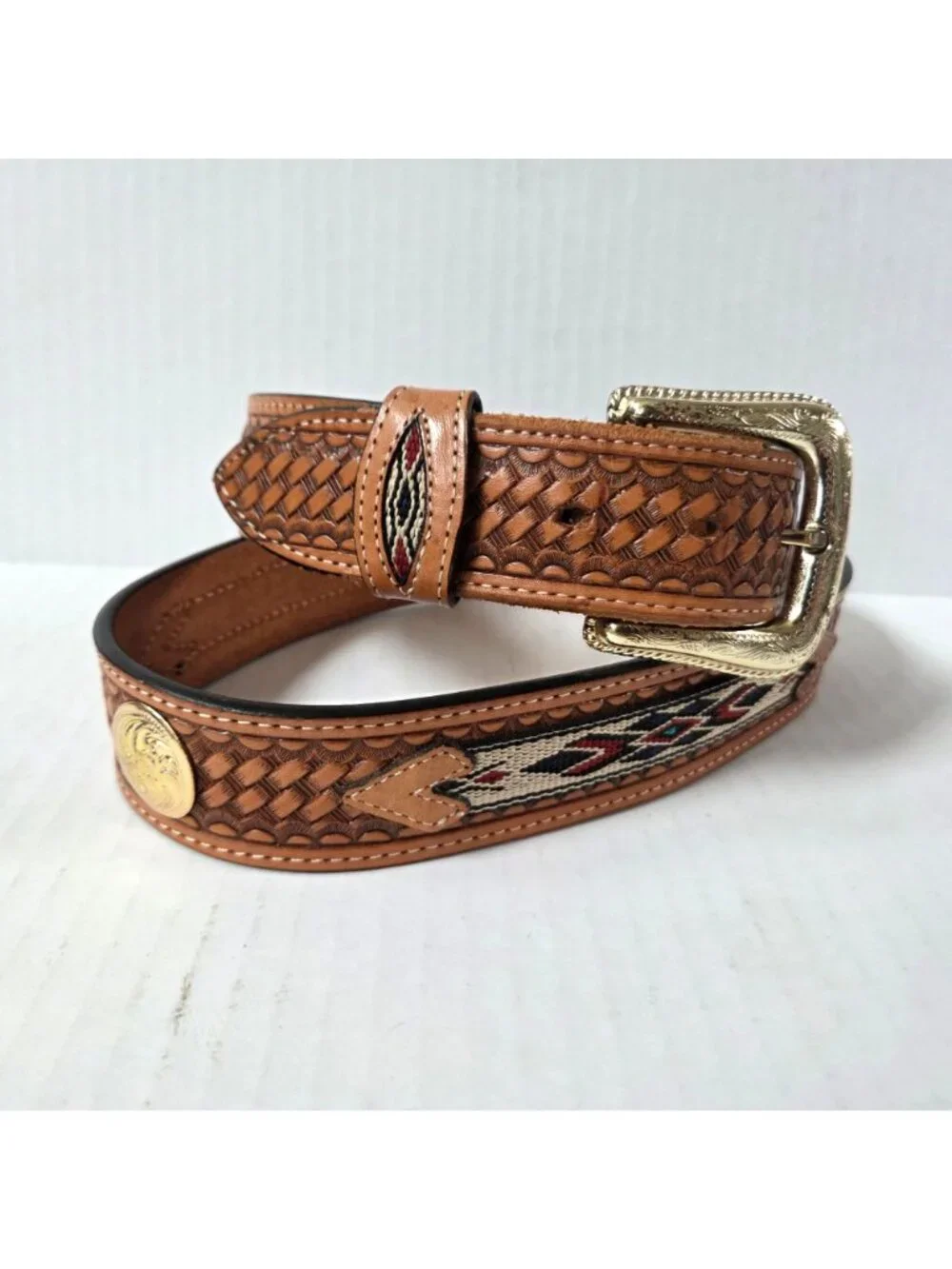 Nocona Belt Mens 38 Brown Tooled Leather Embroidered Inlay Western Cowboy Rodeo